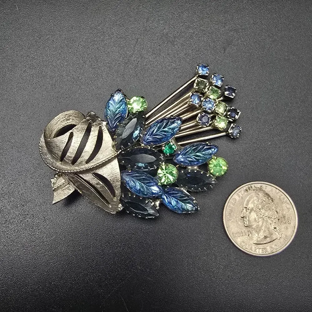 Blue Green Rhinestone Bouquet Brooch UV Glow Vintage Costume Jewelry